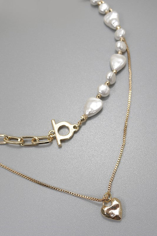 Heart & Pearl Link Toggle Necklace
