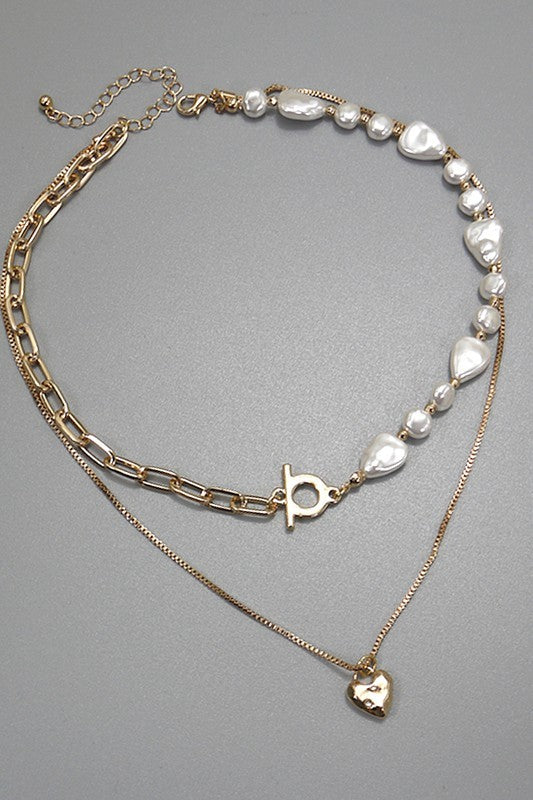 Heart & Pearl Link Toggle Necklace