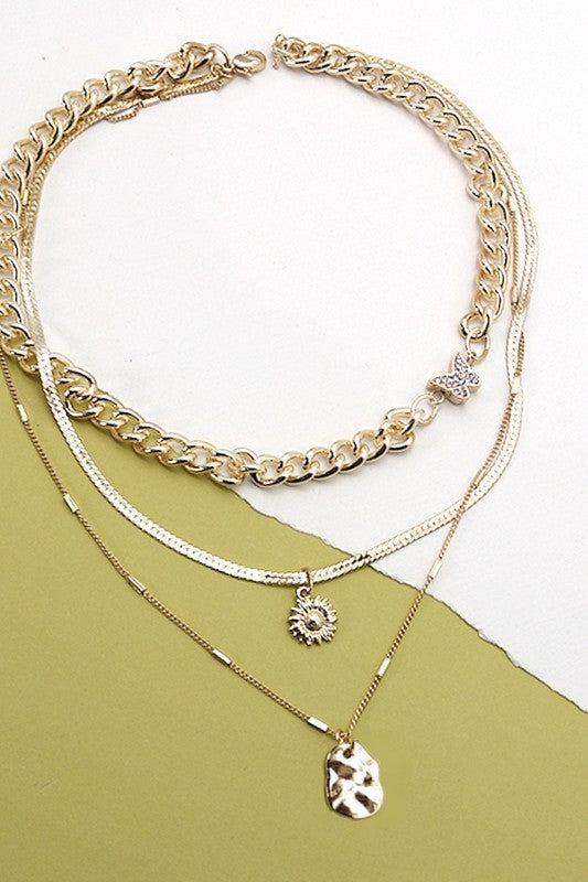 Butterfly Flower Charm Multilayer Necklace