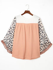 Plus Size Leopard Ruffle Trim Long Sleeve Blouse