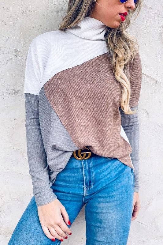 Color Blocked Rib Knit Turtleneck
