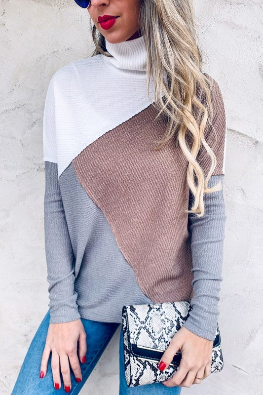 Color Blocked Rib Knit Turtleneck