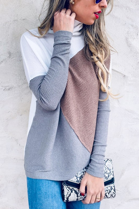 Color Blocked Rib Knit Turtleneck
